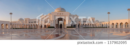 Abu Dhabi, UAE January 15, 2024 Qasr Al Watan s exterior entrance during the sunset. 137902095