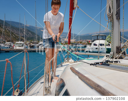 Adult Woman Enjoying Sunny Day On Yacht Finike Marina Turkey 137902108