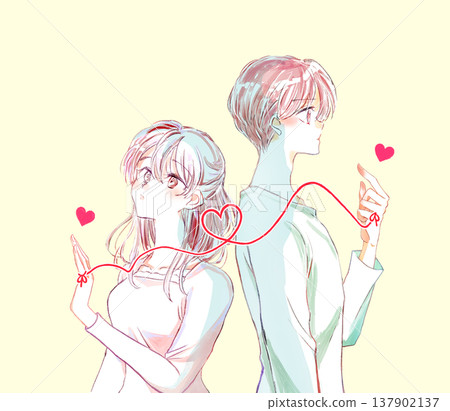 A man and a woman, back to back, bound together by the red thread of fate. A man and a woman, back to back, bound together by the red thread of fate. 137902137