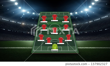 Soccer lineup infographic template with red jerseys on stadium background Soccer lineup infographic template with red jerseys on stadium background 137902327