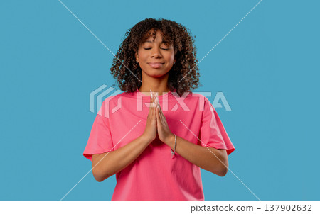 Young Pretty Teen Girl Praying With Palms In Sincere Silent Request. Hope, Faith 137902632