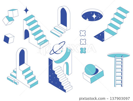 Set of surreal door portal and geometric staircase 137903097
