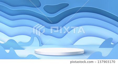 3d round podium stage with blue papercut waves 137903170