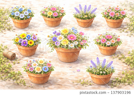 Flowerpot Series: An overhead view of flowerpots lined up. 137903196