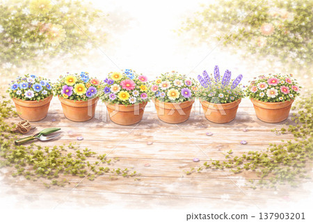 Flowerpot Series: A row of flowerpots filled with flowers 137903201