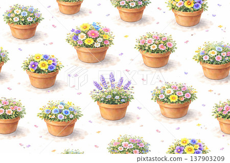 Flowerpot Series: All-over pattern of small pots in full bloom 137903209