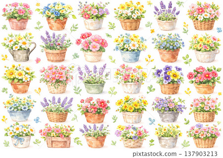 花盆系列:盛開的花盆圖案遍佈整個圖案。 花盆系列:盛開的花盆圖案遍佈整個圖案。 137903213