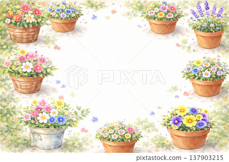 Flowerpot Series: A pot frame adorned with blooming flowers on all four sides 137903215