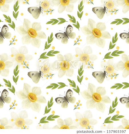 Seamless pattern. White daffodil flower, butterflies, green twigs. A spring print in a flat style. Watercolor, pastel, gouache. For product design 137903397