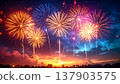 煙火在夜空中綻放的散景背景 | 閃耀的夏季活動橫幅素材 137903575