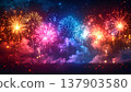 煙火在夜空中綻放的散景背景 | 閃耀的夏季活動橫幅素材 137903580