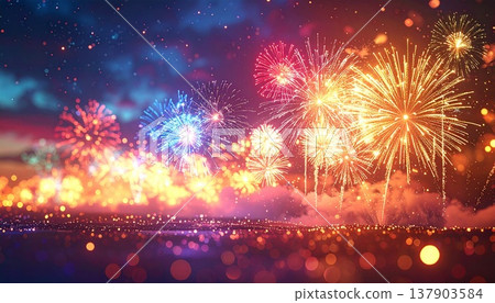 煙火在夜空中綻放的散景背景 | 閃耀的夏季活動橫幅素材 煙火在夜空中綻放的散景背景 | 閃耀的夏季活動橫幅素材 137903584