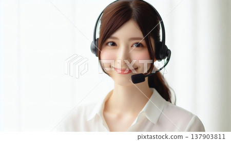 微笑的呼叫中心接線員 | 戴著耳機的笑容燦爛的女員工 微笑的呼叫中心接線員 | 戴著耳機的笑容燦爛的女員工 137903811
