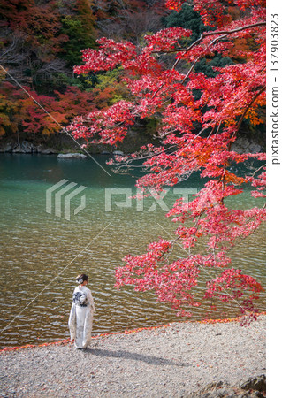 woman in kimono by river and red maple leaf in fall, Arashiyama woman in kimono by river and red maple leaf in fall, Arashiyama 137903823