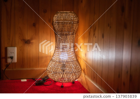 Rattan bamboo floor lantern light up at Japanese ryokan Rattan bamboo floor lantern light up at Japanese ryokan 137903839