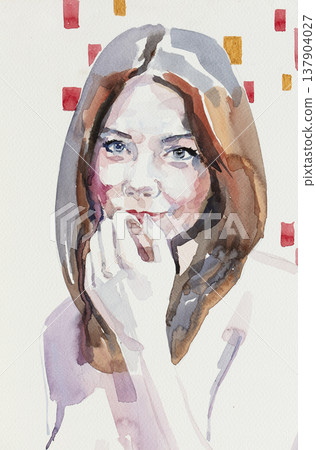 watercolor painting, female portrait, handmade 137904027
