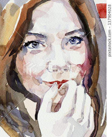 watercolor painting, female portrait, handmade 137904028