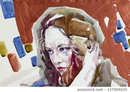 watercolor painting, female portrait, handmade watercolor painting, female portrait, handmade 137904029