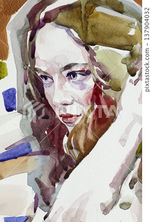 watercolor painting, female portrait, handmade watercolor painting, female portrait, handmade 137904032