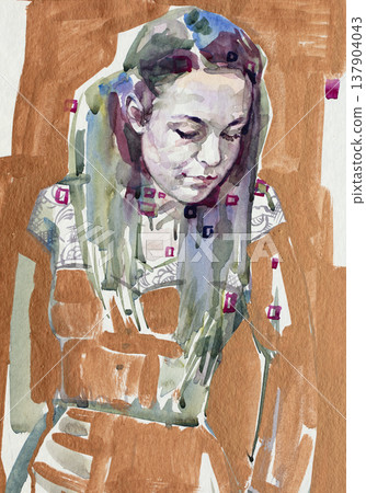 watercolor painting, female portrait, handmade 137904043
