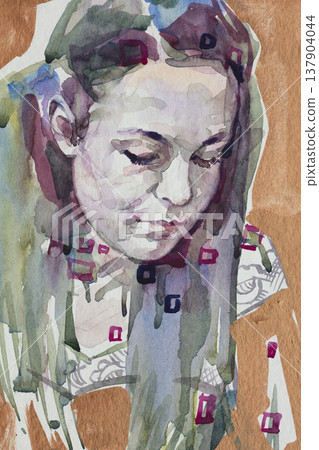 watercolor painting, female portrait, handmade 137904044