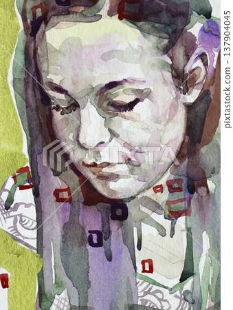 watercolor painting, female portrait, handmade 137904045