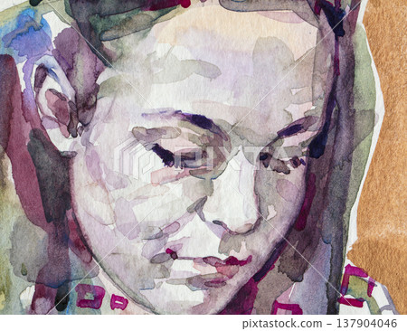 watercolor painting, female portrait, handmade 137904046