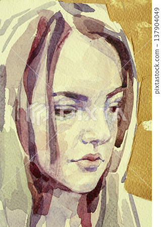 watercolor painting, female portrait, handmade 137904049