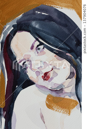 watercolor painting, female portrait, handmade watercolor painting, female portrait, handmade 137904076