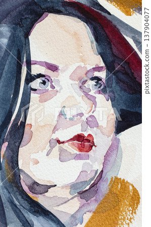 watercolor painting, female portrait, handmade watercolor painting, female portrait, handmade 137904077