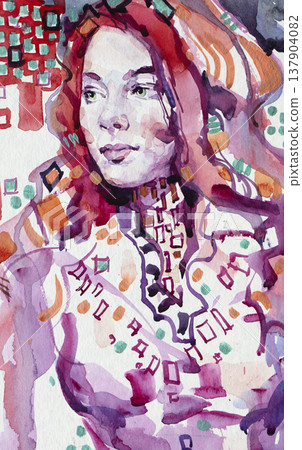 watercolor painting, female portrait, handmade watercolor painting, female portrait, handmade 137904082