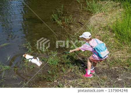Little Girl Playing With Small Dog Near River Bank In Sunny Nature Setting Little Girl Playing With Small Dog Near River Bank In Sunny Nature Setting 137904246