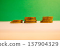 Stacks of golden coins on green background symbolizing financial growth, savings, investment and wealth with copy space. 137904329