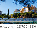 Solar panels and modern apartment buildings on a sunny day. Solar panels under residential buildings on a green hillside. Concept of renewable energy and sustainable architecture. 137904330