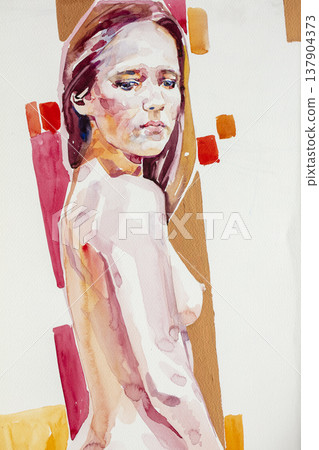 watercolor painting, female portrait, handmade watercolor painting, female portrait, handmade 137904373