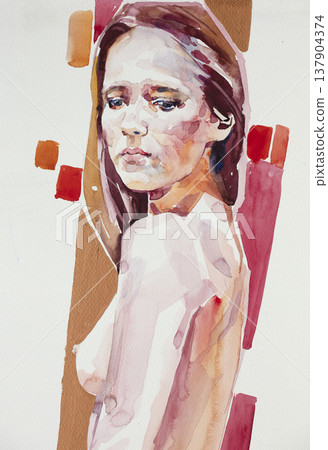 watercolor painting, female portrait, handmade watercolor painting, female portrait, handmade 137904374