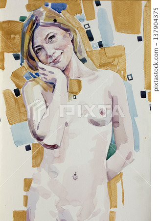 watercolor painting, female portrait, handmade watercolor painting, female portrait, handmade 137904375