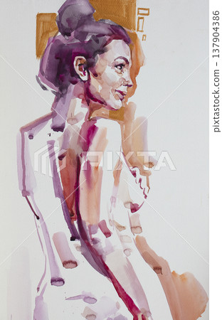 watercolor painting, female portrait, handmade watercolor painting, female portrait, handmade 137904386