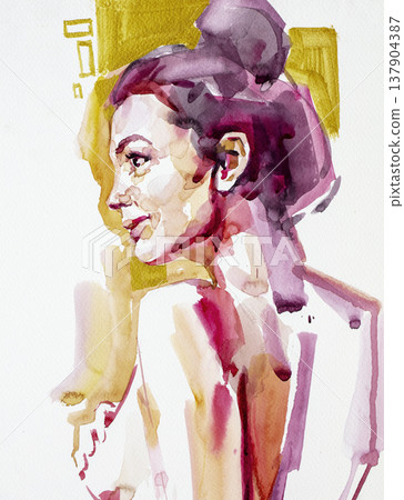 watercolor painting, female portrait, handmade 137904387