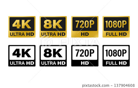 4K、8K、1080P、720P解析度圖示集：用於影像品質標籤的扁平化向量素材 137904608