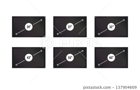 適用於 24、27、32、43、55 和 65 吋螢幕尺寸的顯示尺寸圖示集。 137904609