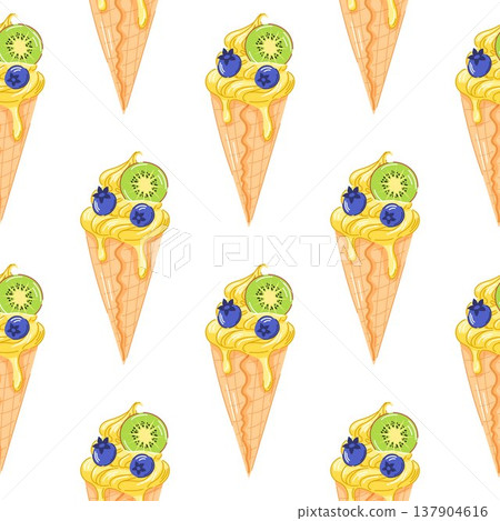 Lemon yellow ice cream cone with kiwi slice and blueberry seamless pattern in cartoon style. Refreshing summer design for sweet theme, fruit package and colorful food illustration. Lemon yellow ice cream cone with kiwi slice and blueberry seamless pattern in cartoon style. Refreshing summer design for sweet theme, fruit package and colorful food illustration. 137904616