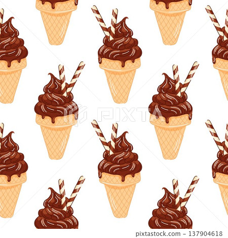 Dark chocolate ice cream cone with wafer sticks seamless pattern in cartoon style. Refreshing summer design for cafe card, fruit package and colorful tropical background. Dark chocolate ice cream cone with wafer sticks seamless pattern in cartoon style. Refreshing summer design for cafe card, fruit package and colorful tropical background. 137904618