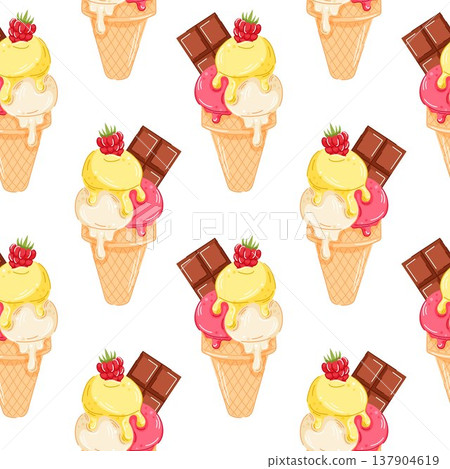 Ice cream cone seamless pattern with vanilla, lemon and raspberry scoop in cartoon style. Perfect for menu card, summer cafe packaging or tropical design. Ice cream cone seamless pattern with vanilla, lemon and raspberry scoop in cartoon style. Perfect for menu card, summer cafe packaging or tropical design. 137904619