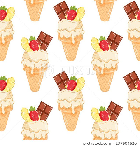 Cartoon style seamless pattern of vanilla ice cream cone topped with chocolate bar, strawberry and pineapple slice. Perfect for cafe menu, summer package and tropical background. 137904620