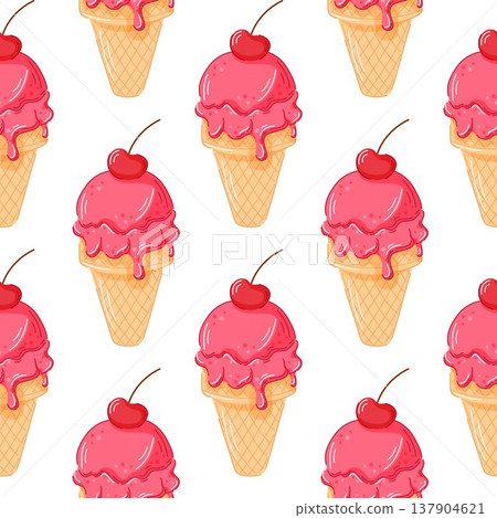 Cherry ice cream cone seamless pattern with pink melting scoop and red cherry on top in waffle cone in cartoon style. Perfect for dessert card, summer cafe or package design. 137904621