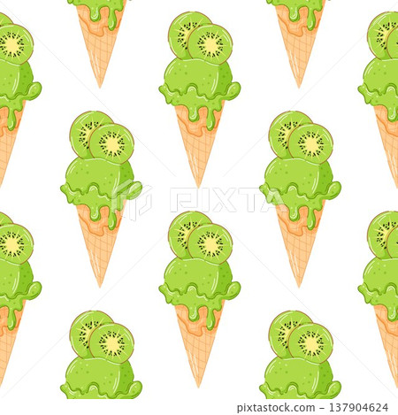Green kiwi ice cream cone seamless pattern in cartoon style. Fruity dessert background design for summer food package and menu cafe design. 137904624