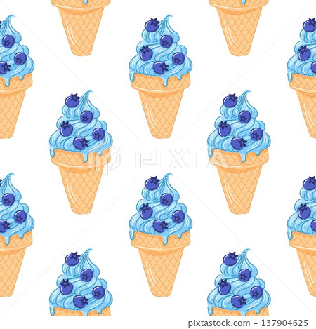 Blueberry ice cream cone seamless pattern in cartoon style. Refreshing summer dessert for sweet cafe design, fruit concept and colorful food illustration. 137904625
