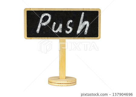 Rustic Wooden Stand with Handwritten Chalk Push Text on Small Blackboard Sign Isolated on White Background with Copy Space for Design and Marketing 137904696