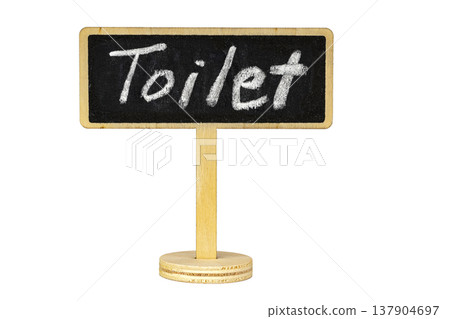 Charming Rustic Wooden Pedestal Stand Blackboard Sign with White Chalk Handwritten Toilet Text Isolated on Clean White Background with Copy Space for Design Use 137904697